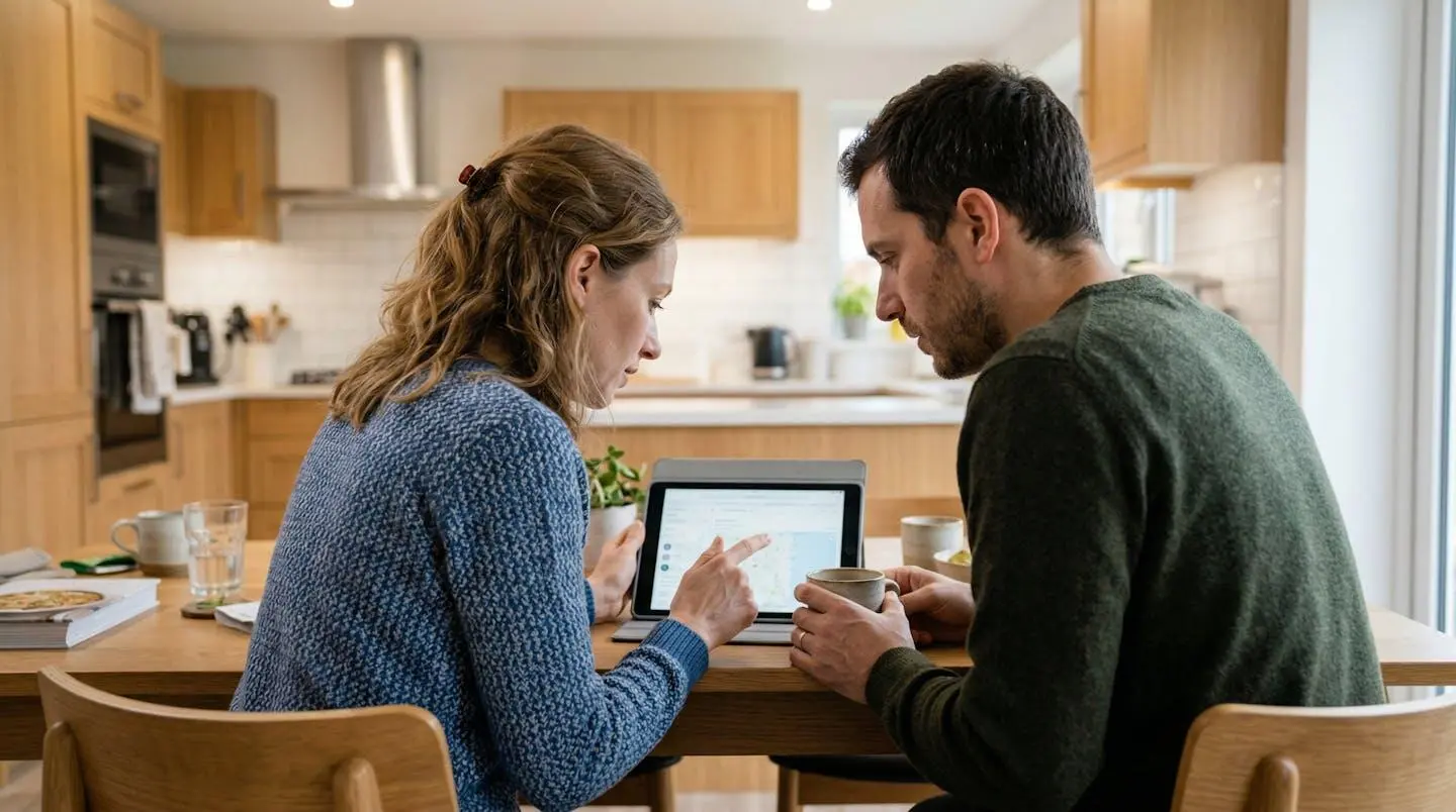 Couple trentenaire comparant des offres de mutuelle familiale sur tablette