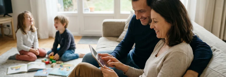 Famille française avec deux enfants dans leur salon lumineux, parents consultant une tablette