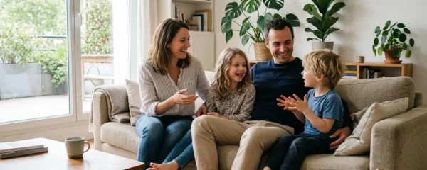 Famille française de quatre personnes discutant dans un salon lumineux