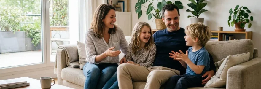 Famille française de quatre personnes discutant dans un salon lumineux