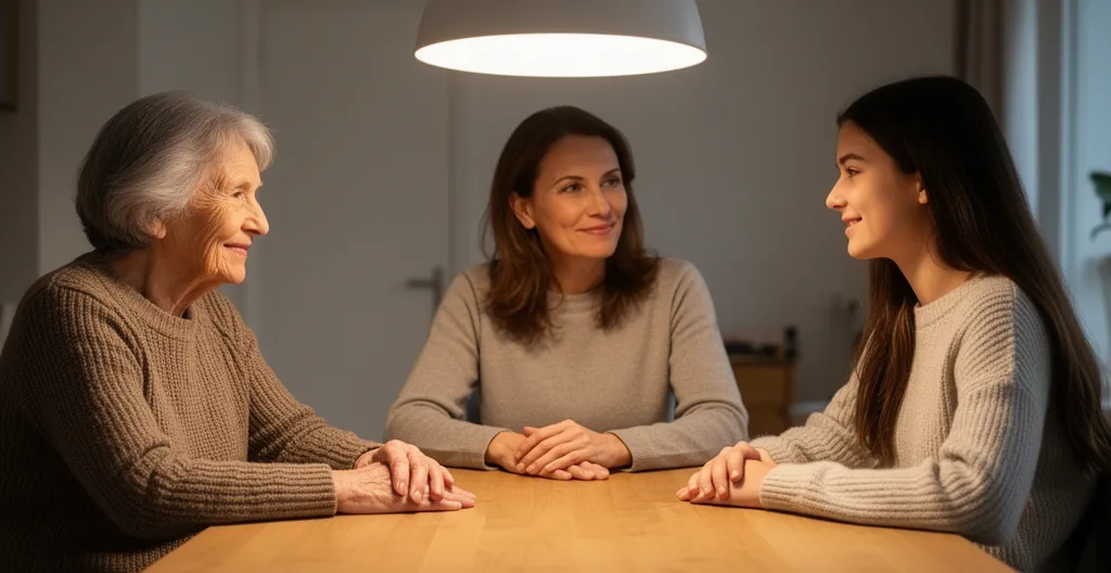 Trois générations d'une famille française partageant un moment convivial à table