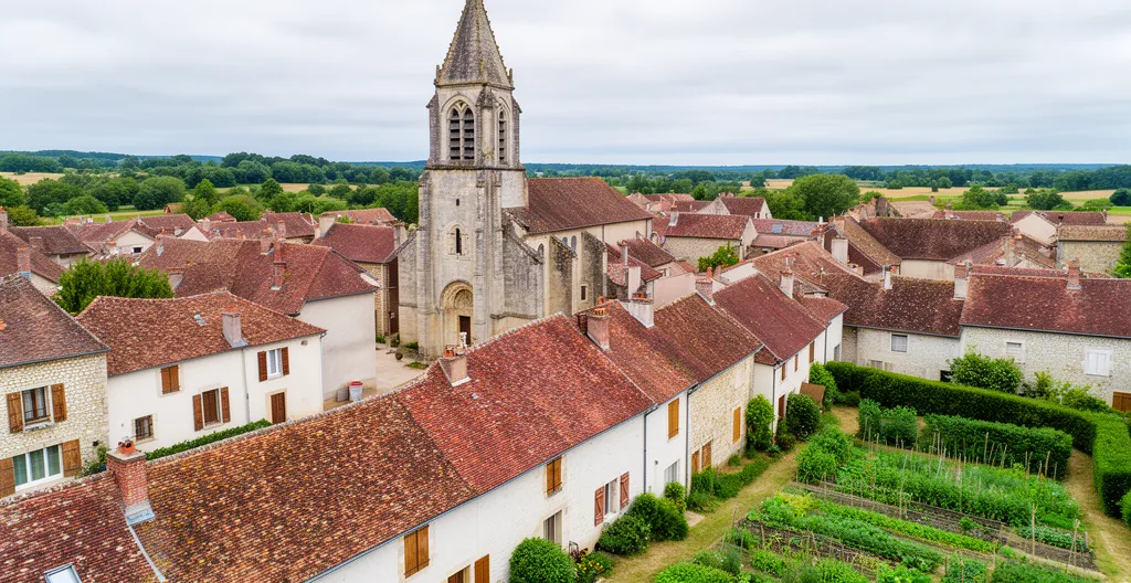 Vue aérienne d'un village français typique avec son clocher