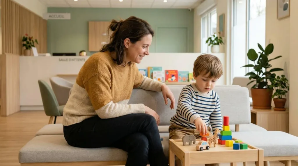 Mère et enfant dans une salle d'attente médicale moderne Mère et enfant dans une salle d'attente médicale moderne